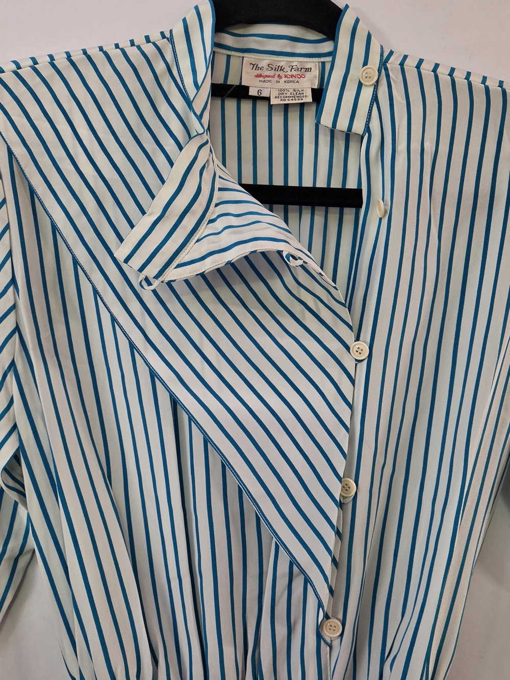 The Silk Farm Women's Long Sleeve White Dress with Teal Stripes